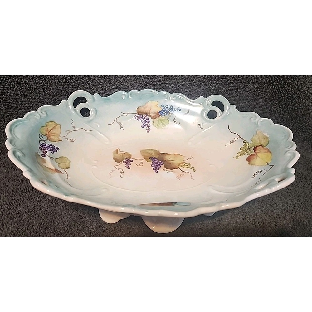 Vntg Hand Painted Porcelain Catch All Bowl Grape & Leaf Motif 12" X 9"